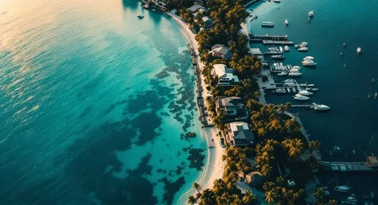 Aerial view of waterfront properties along tropical coastline