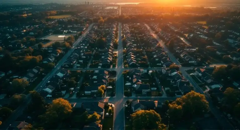 Aerial view of suburban neighborhood with rows of rental homes