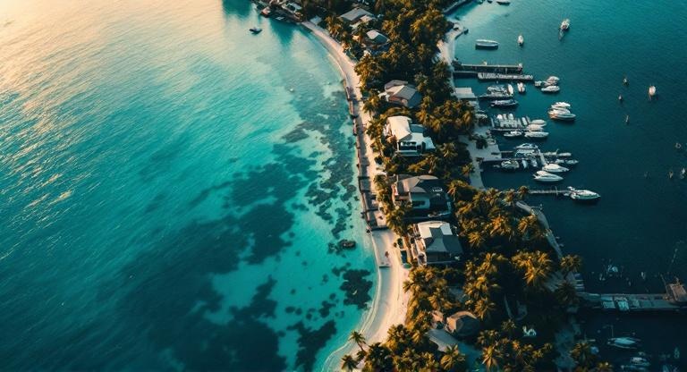 Aerial view of waterfront properties along tropical coastline