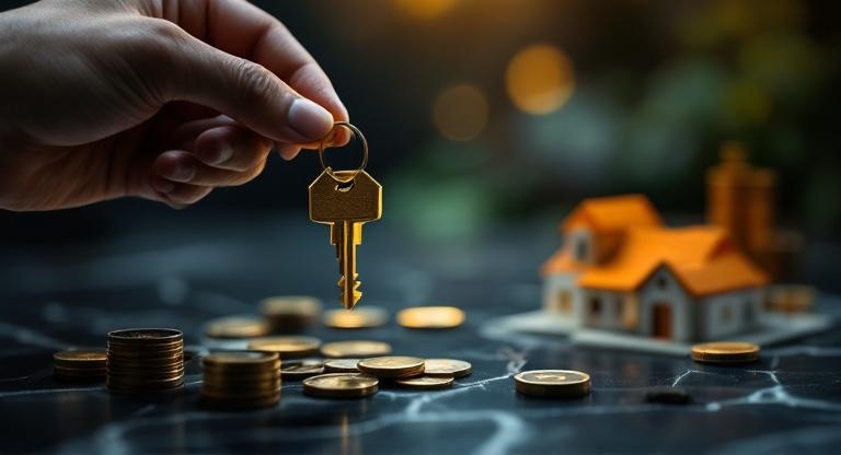 Gold house keys and coins representing lower payments