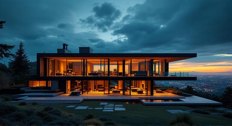 Modern luxury home at dusk with glowing interior