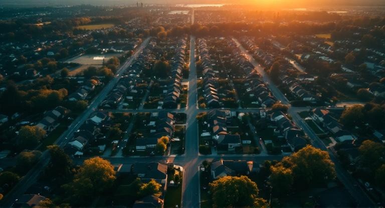 Aerial view of suburban neighborhood with rows of rental homes